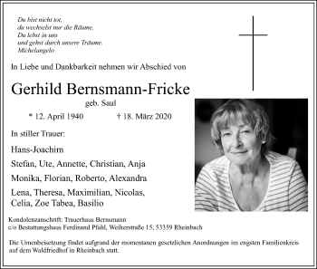 Anzeige von Gerhild Bernsmann-Fricke von Kölner Stadt-Anzeiger / Kölnische Rundschau / Express