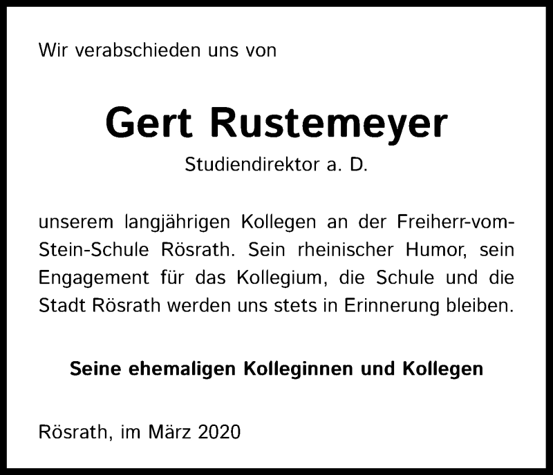  Traueranzeige für Gert Rustemeyer vom 10.03.2020 aus Kölner Stadt-Anzeiger / Kölnische Rundschau / Express