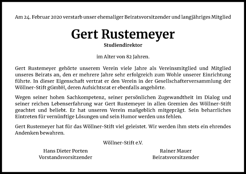  Traueranzeige für Gert Rustemeyer vom 07.03.2020 aus Kölner Stadt-Anzeiger / Kölnische Rundschau / Express