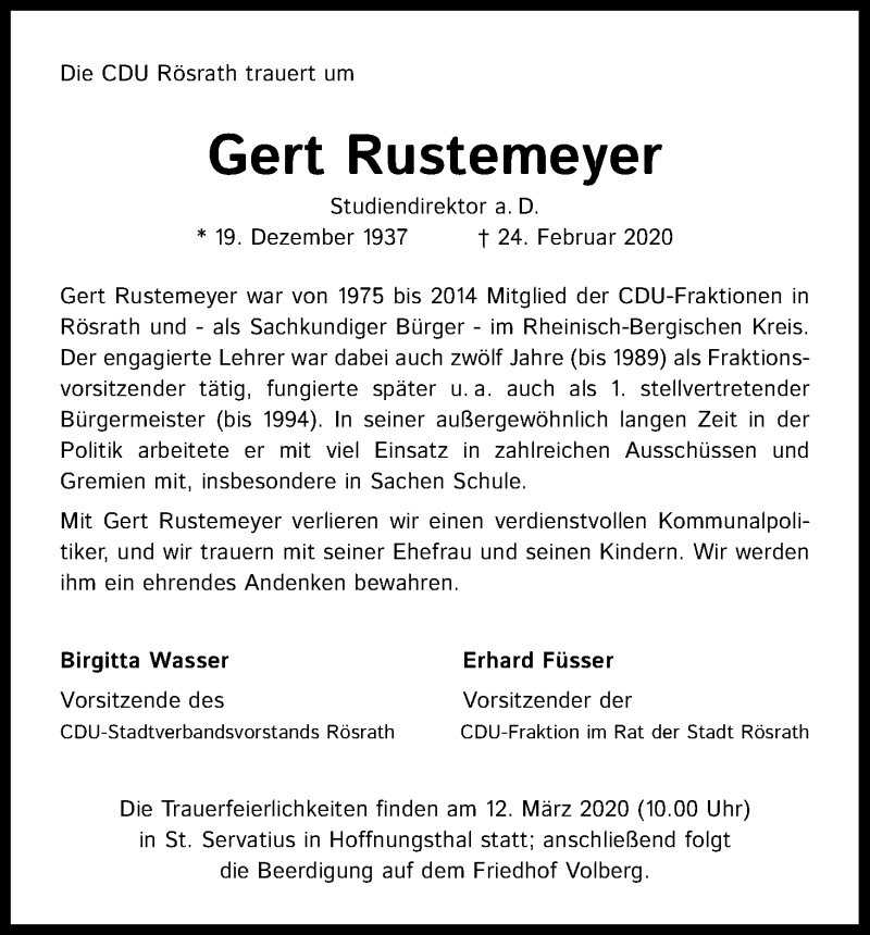  Traueranzeige für Gert Rustemeyer vom 07.03.2020 aus Kölner Stadt-Anzeiger / Kölnische Rundschau / Express