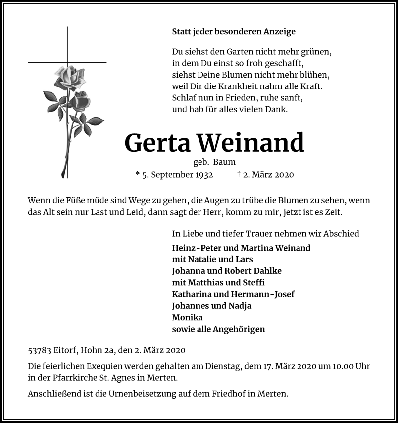  Traueranzeige für Gerta Weinand vom 11.03.2020 aus Kölner Stadt-Anzeiger / Kölnische Rundschau / Express