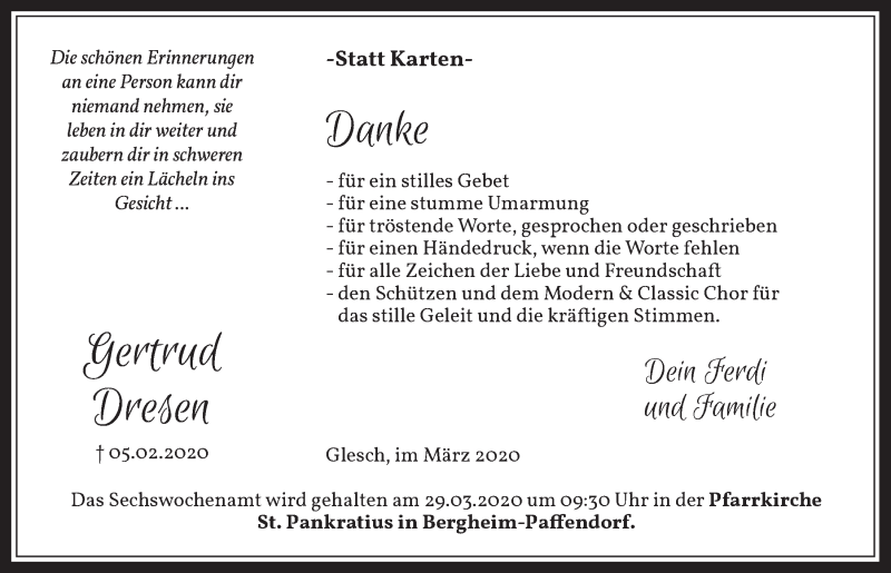  Traueranzeige für Gertrud Dresen vom 21.03.2020 aus  Sonntags-Post 