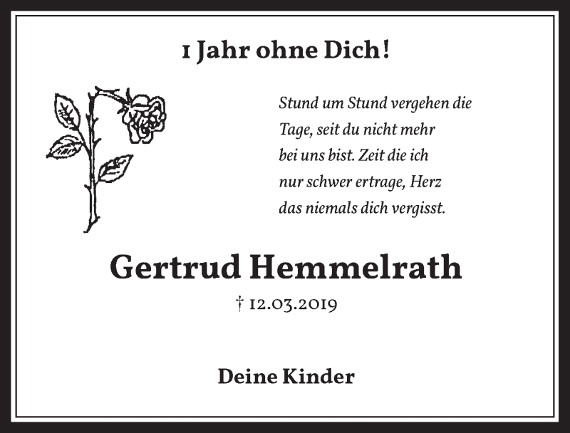  Traueranzeige für Gertrud Hemmelrath vom 11.03.2020 aus  Werbepost 