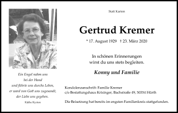 Anzeige von Gertrud Kremer von Kölner Stadt-Anzeiger / Kölnische Rundschau / Express