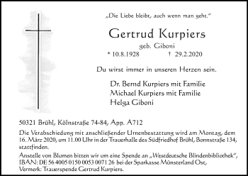 Anzeige von Gertrud Kurpiers von Kölner Stadt-Anzeiger / Kölnische Rundschau / Express