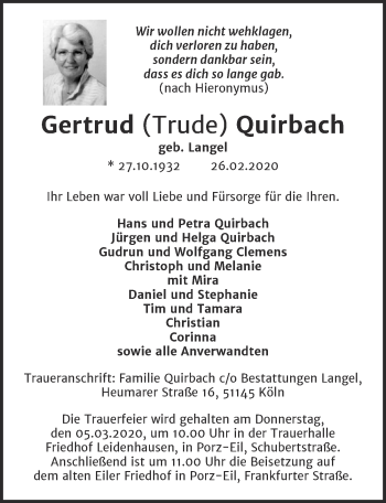 Anzeige von Gertrud  Quirbach von  Kölner Wochenspiegel 