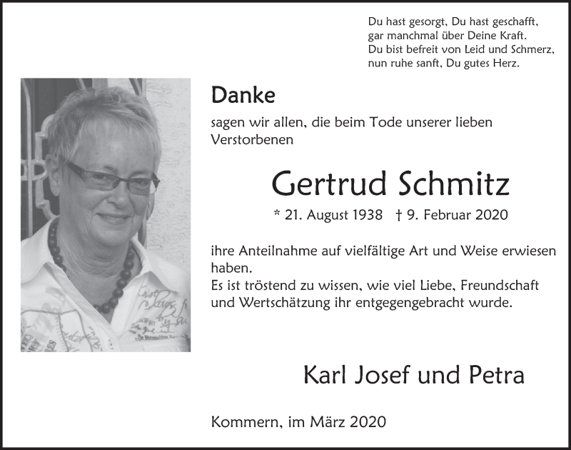  Traueranzeige für Gertrud Schmitz vom 21.03.2020 aus  Blickpunkt Euskirchen 