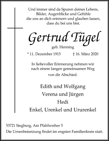 Anzeige von Gertrud Tügel von Kölner Stadt-Anzeiger / Kölnische Rundschau / Express