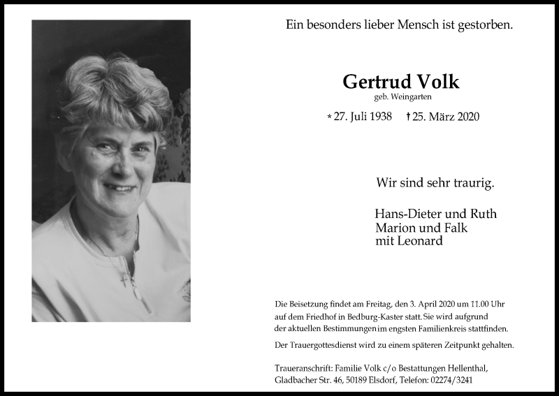  Traueranzeige für Gertrud Volk vom 01.04.2020 aus Kölner Stadt-Anzeiger / Kölnische Rundschau / Express