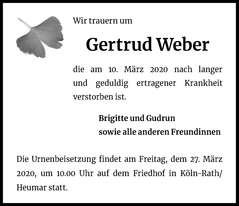  Traueranzeige für Gertrud Weber vom 25.03.2020 aus Kölner Stadt-Anzeiger / Kölnische Rundschau / Express