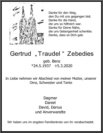 Anzeige von Gertrud Zebedies von Zeitungsgruppe Köln