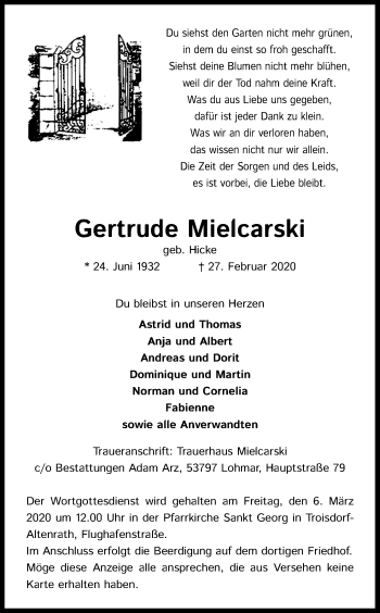 Anzeige von Gertrude Mielcarski von Kölner Stadt-Anzeiger / Kölnische Rundschau / Express
