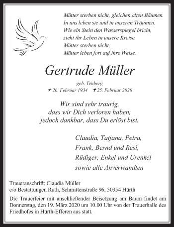 Anzeige von Gertrude Müller von  Wochenende 
