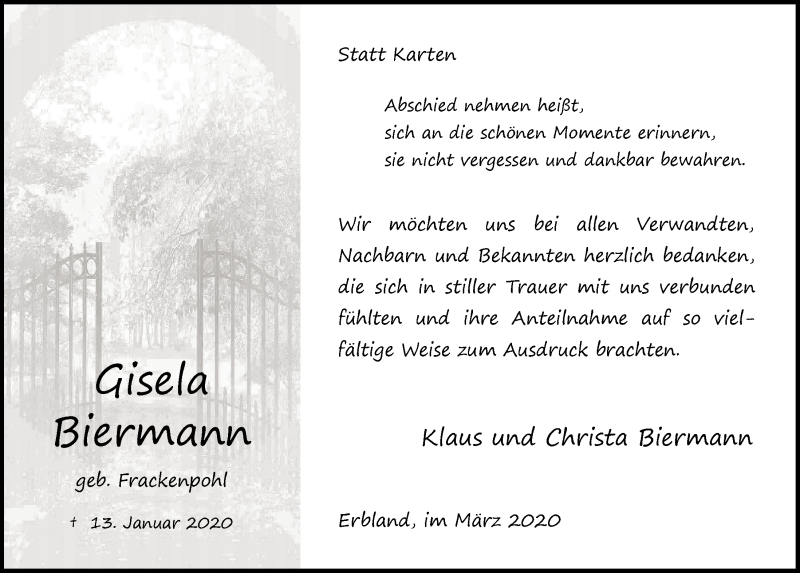  Traueranzeige für Gisela Biermann vom 04.03.2020 aus  Anzeigen Echo 