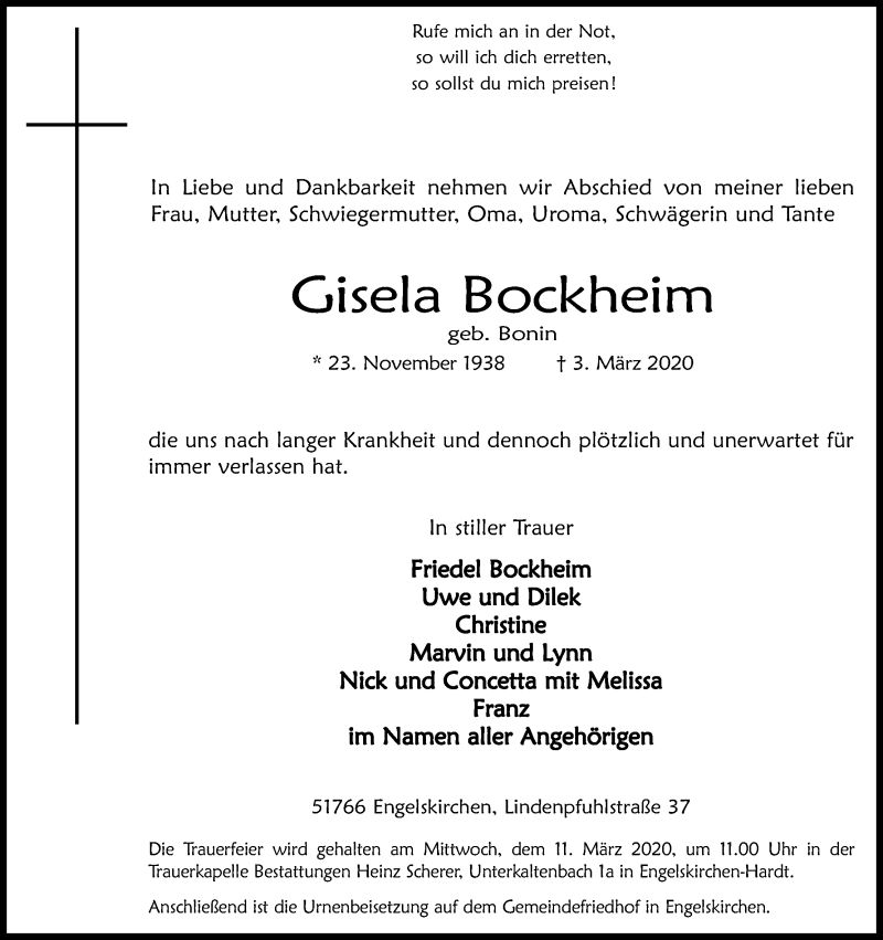  Traueranzeige für Gisela Bockheim vom 06.03.2020 aus Kölner Stadt-Anzeiger / Kölnische Rundschau / Express