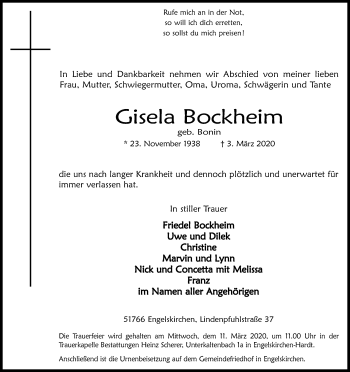 Anzeige von Gisela Bockheim von Kölner Stadt-Anzeiger / Kölnische Rundschau / Express