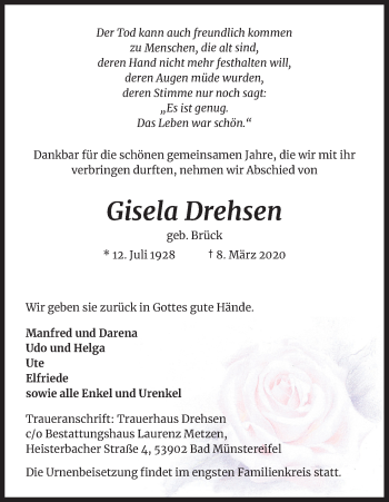 Anzeige von Gisela Drehsen von Kölner Stadt-Anzeiger / Kölnische Rundschau / Express