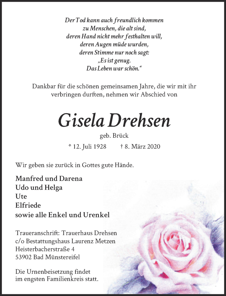  Traueranzeige für Gisela Drehsen vom 21.03.2020 aus  Blickpunkt Euskirchen 