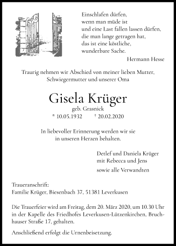 Anzeige von Gisela Krüger von Kölner Stadt-Anzeiger / Kölnische Rundschau / Express