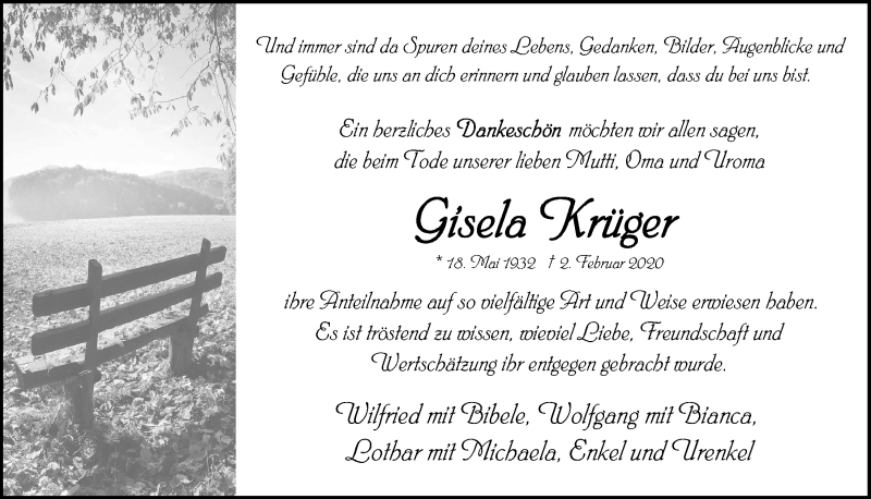  Traueranzeige für Gisela Krüger vom 14.03.2020 aus  Blickpunkt Euskirchen 