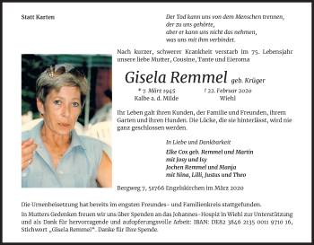 Anzeige von Gisela Remmel von Kölner Stadt-Anzeiger / Kölnische Rundschau / Express