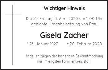 Anzeige von Gisela Zacher von  Schlossbote/Werbekurier 
