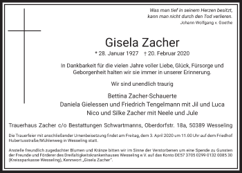 Anzeige von Gisela Zacher von  Schlossbote/Werbekurier 