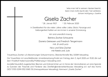 Anzeige von Gisela Zacher von Kölner Stadt-Anzeiger / Kölnische Rundschau / Express
