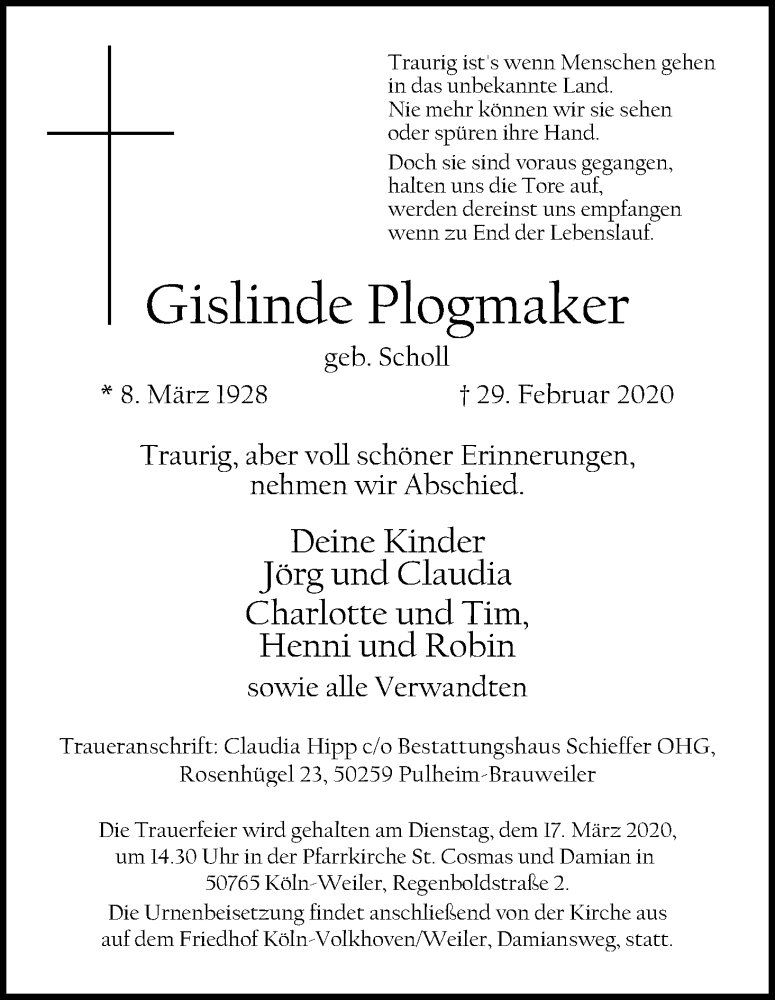  Traueranzeige für Gislinde Plogmaker vom 07.03.2020 aus Kölner Stadt-Anzeiger / Kölnische Rundschau / Express