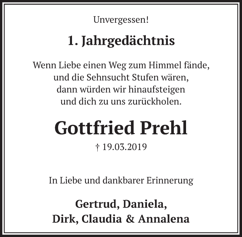  Traueranzeige für Gottfried Prehl vom 14.03.2020 aus  Sonntags-Post 