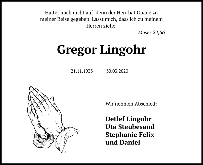 Traueranzeige für Gregor Lingohr vom 01.04.2020 aus Kölner Stadt-Anzeiger / Kölnische Rundschau / Express