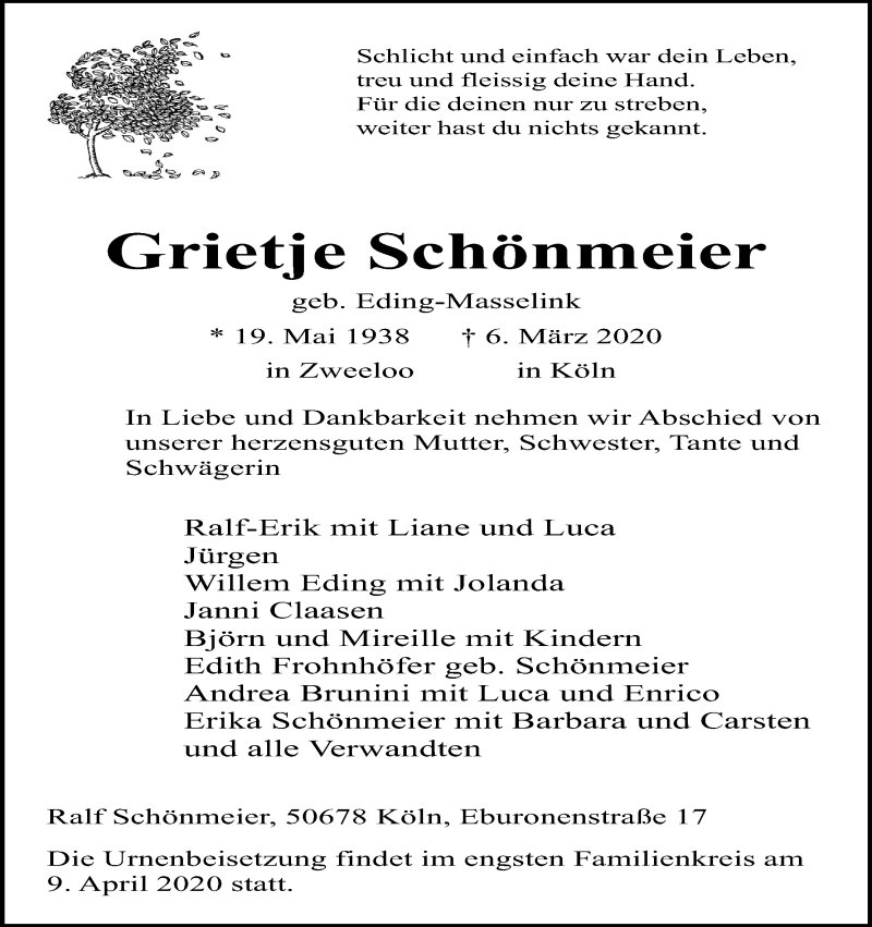 Traueranzeige für Grietje Schönmeier vom 14.03.2020 aus Zeitungsgruppe Köln