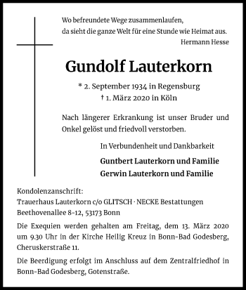 Anzeige von Gundolf Lauterkorn von Kölner Stadt-Anzeiger / Kölnische Rundschau / Express