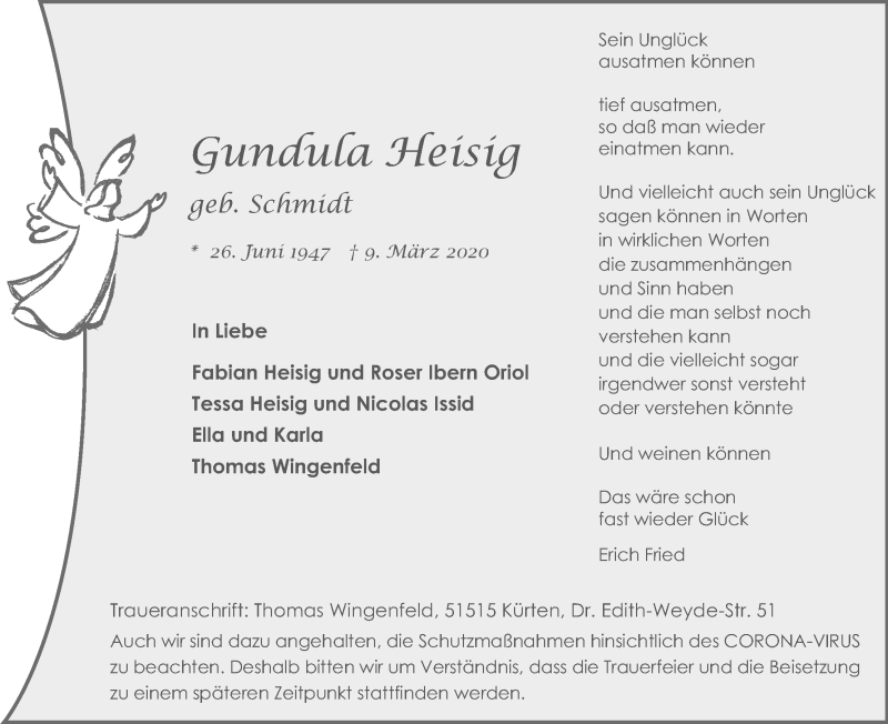  Traueranzeige für Gundula Heisig vom 28.03.2020 aus Kölner Stadt-Anzeiger / Kölnische Rundschau / Express