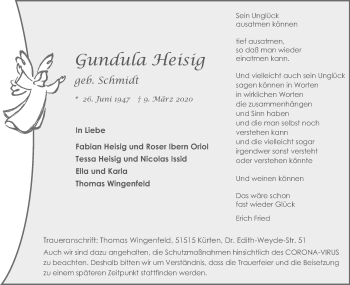 Anzeige von Gundula Heisig von Kölner Stadt-Anzeiger / Kölnische Rundschau / Express