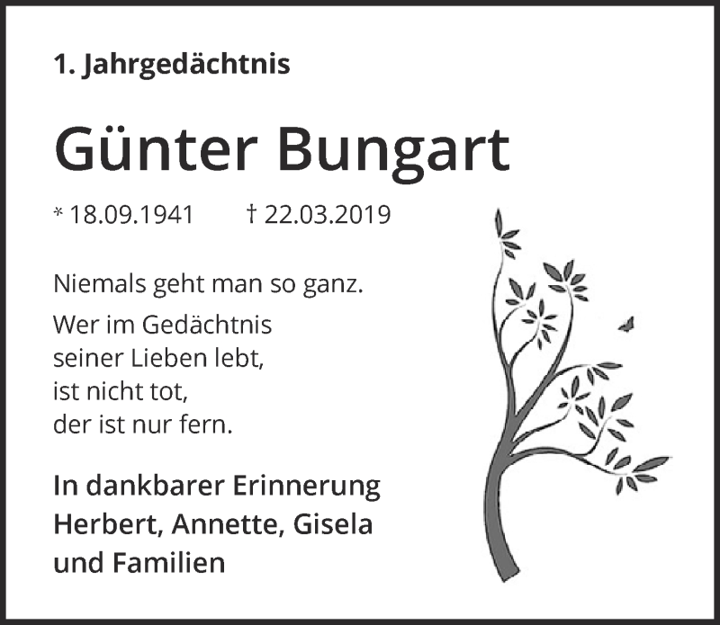 Traueranzeige für Günter Bungart vom 21.03.2020 aus  Blickpunkt Euskirchen 