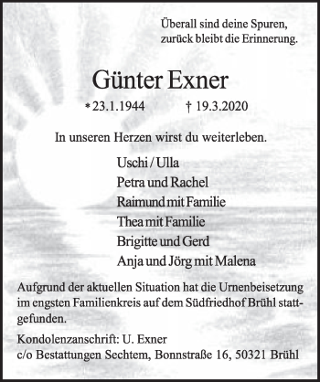 Anzeige von Günter Exner von  Schlossbote/Werbekurier 