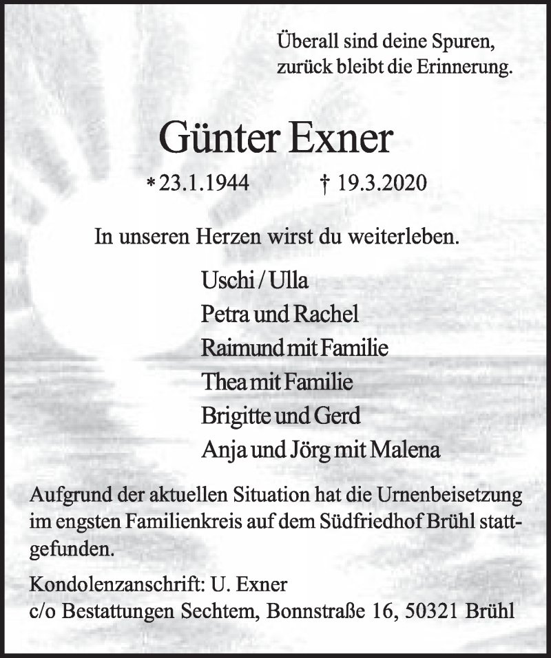  Traueranzeige für Günter Exner vom 27.03.2020 aus  Schlossbote/Werbekurier 
