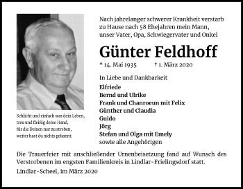 Anzeige von Günter Feldhoff von Zeitungsgruppe Köln
