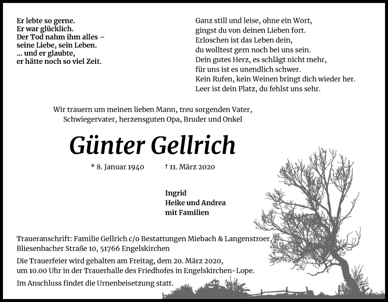  Traueranzeige für Günter Gellrich vom 14.03.2020 aus Zeitungsgruppe Köln