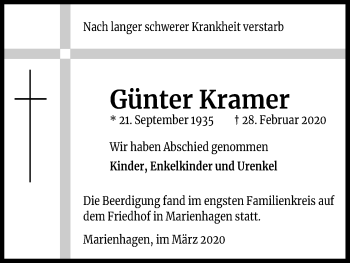 Anzeige von Günter Kramer von Kölner Stadt-Anzeiger / Kölnische Rundschau / Express