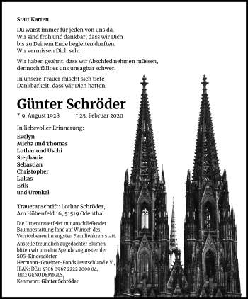 Anzeige von Günter Schröder von Zeitungsgruppe Köln