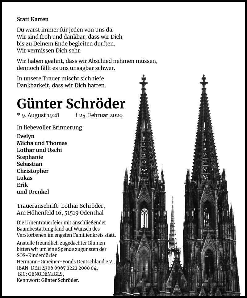  Traueranzeige für Günter Schröder vom 14.03.2020 aus Zeitungsgruppe Köln