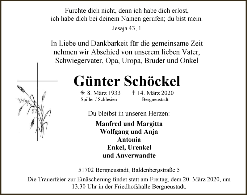  Traueranzeige für Günter Schöckel vom 18.03.2020 aus  Anzeigen Echo 
