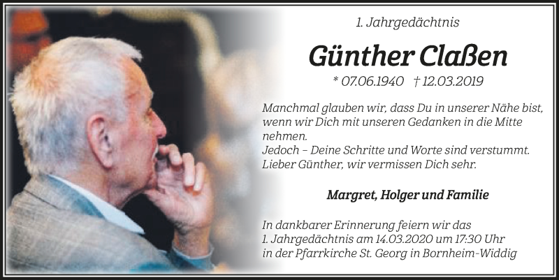  Traueranzeige für Günther Claßen vom 04.03.2020 aus  Schaufenster/Blickpunkt 