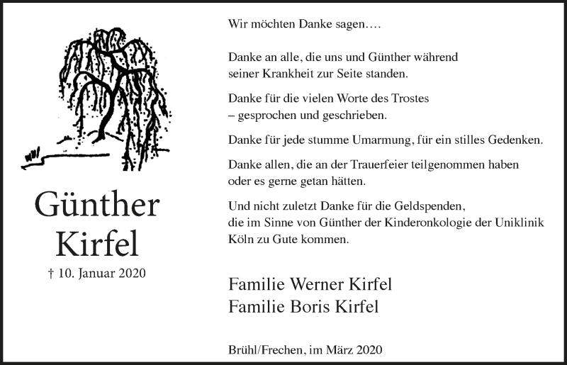  Traueranzeige für Günther Kirfel vom 04.03.2020 aus  Schlossbote/Werbekurier 