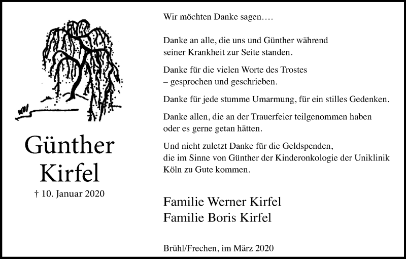  Traueranzeige für Günther Kirfel vom 04.03.2020 aus Kölner Stadt-Anzeiger / Kölnische Rundschau / Express