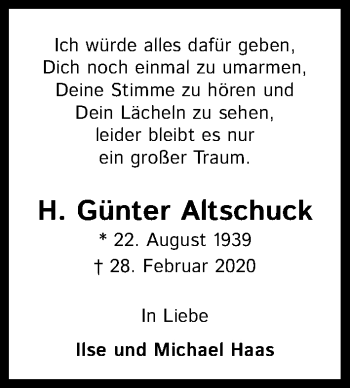Anzeige von H. Günter Altschuck von Zeitungsgruppe Köln