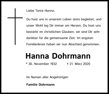 Anzeige von Hanna Dohrmann von Kölner Stadt-Anzeiger / Kölnische Rundschau / Express