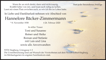 Anzeige von Hannelore Bäcker-Zimmermann von Kölner Stadt-Anzeiger / Kölnische Rundschau / Express
